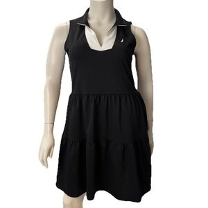 Nautica Ruffle Dress Navy Blue Tiered Midi Seaside Vacation Size L